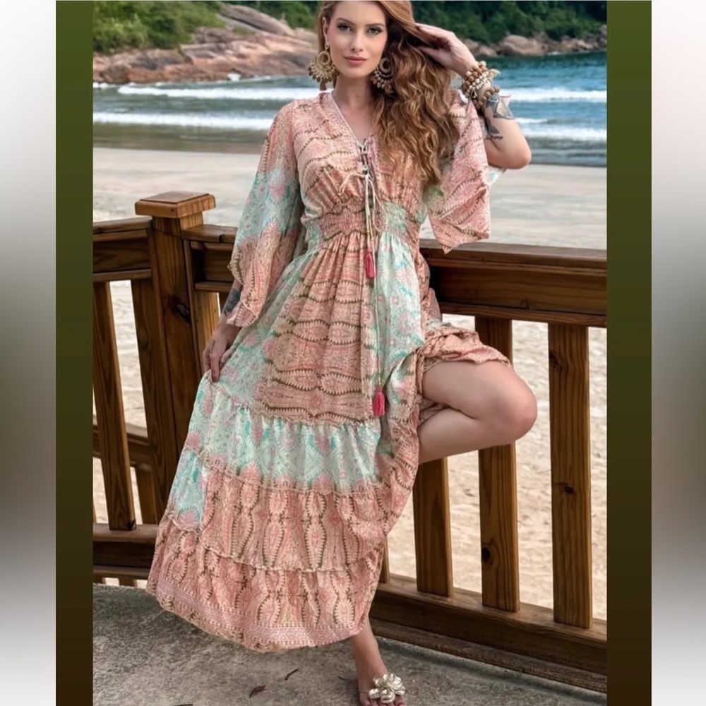 Me 2 Magic Turquoise and Gold bohemian coverup tunic kaftan Dress